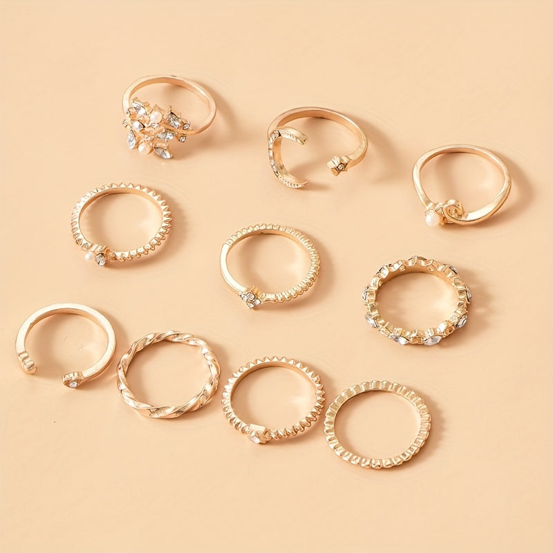 10pcs Sparkling Stacking Rings with Moon, Heart, and Flower Design