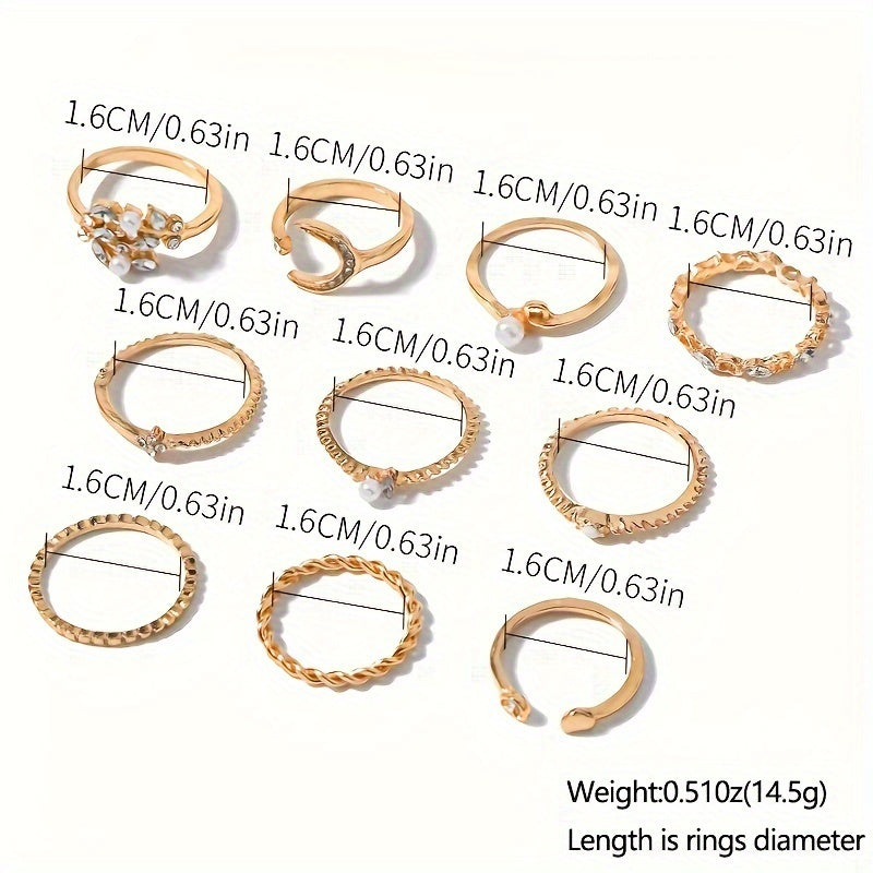 10pcs Sparkling Stacking Rings with Moon, Heart, and Flower Design
