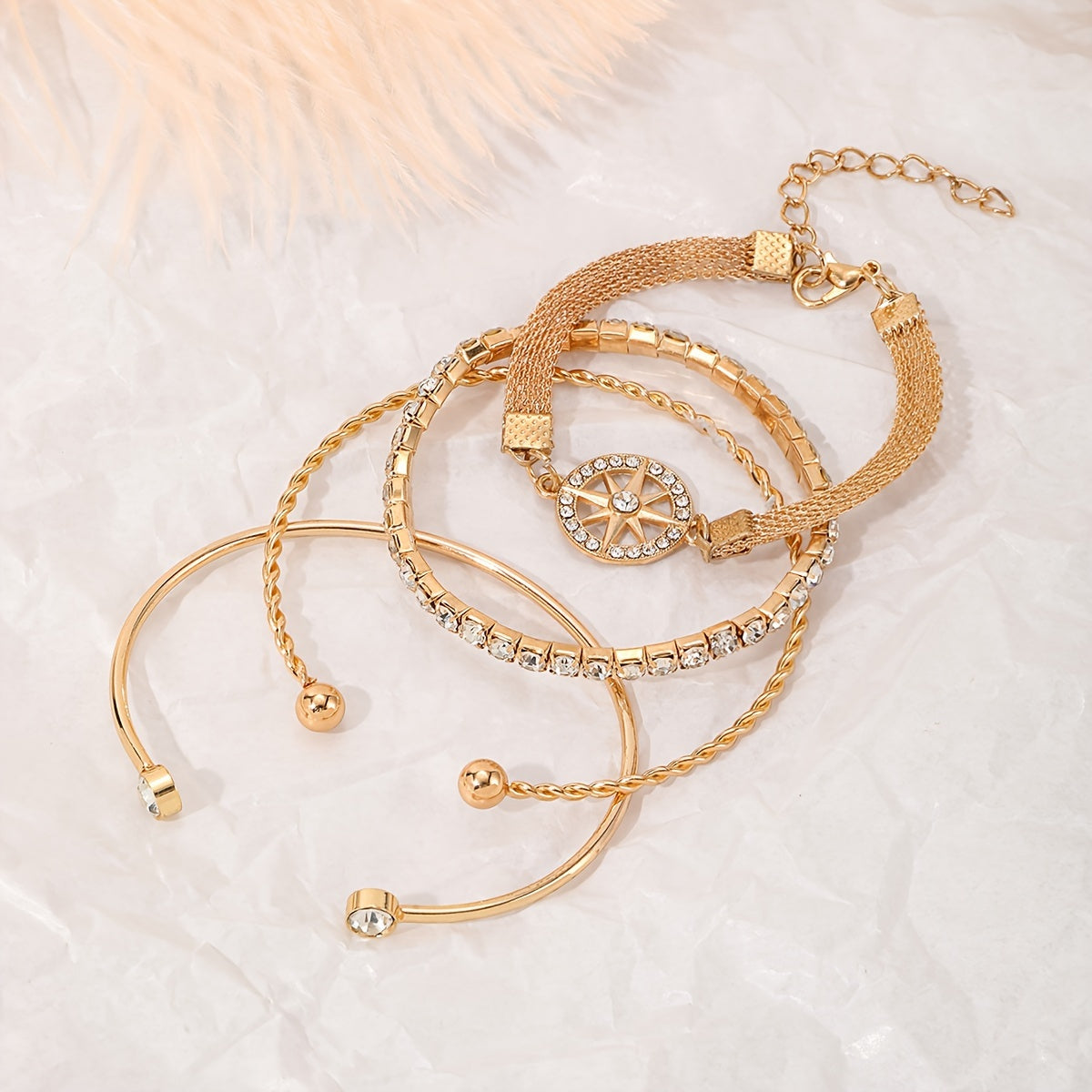 Elegant Gold-Plated Bracelet Set with Starburst Design and Crystal Accents