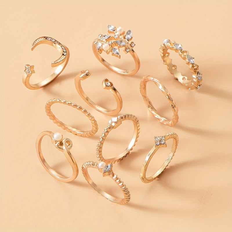 10pcs Sparkling Stacking Rings with Moon, Heart, and Flower Design
