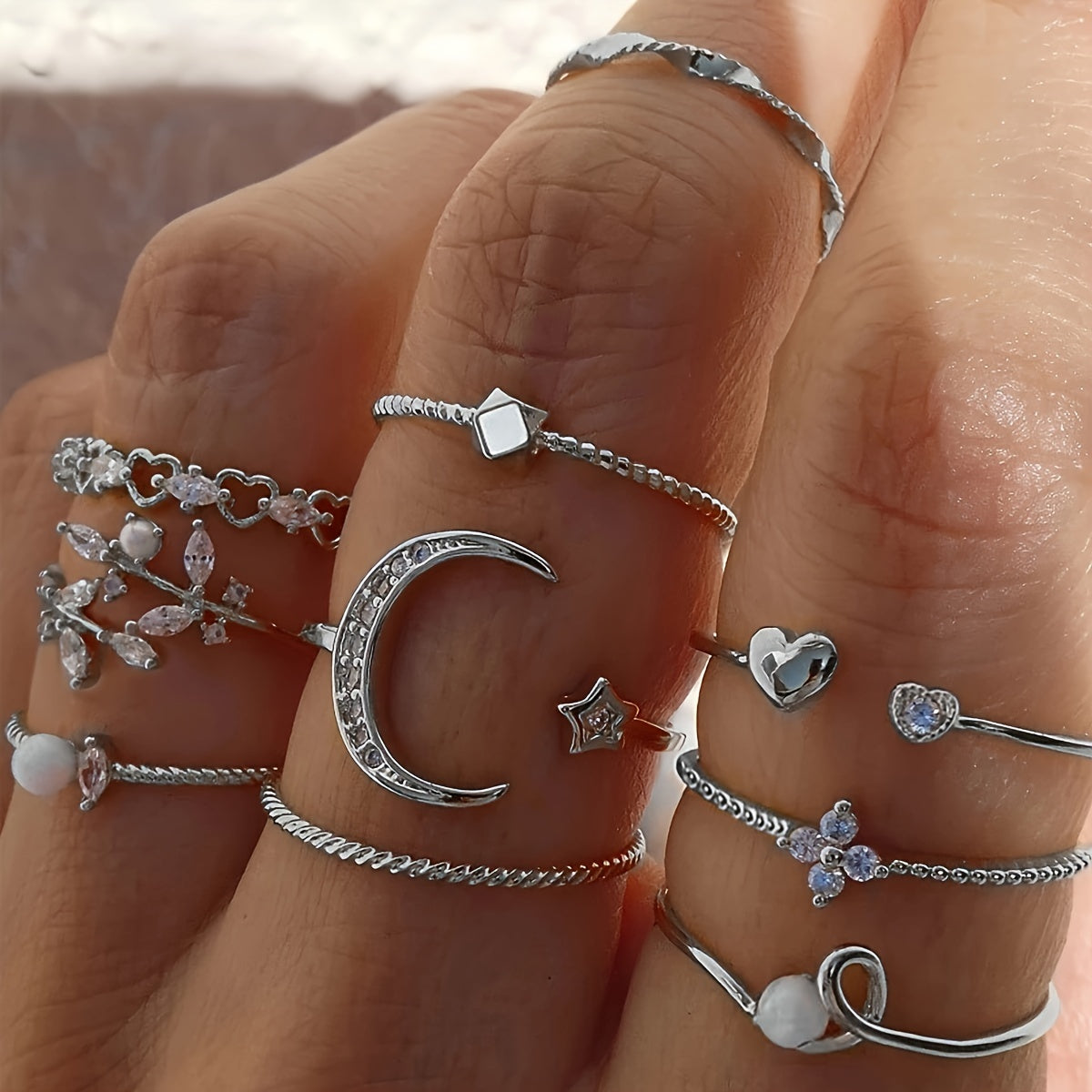 10pcs Sparkling Stacking Rings with Moon, Heart, and Flower Design