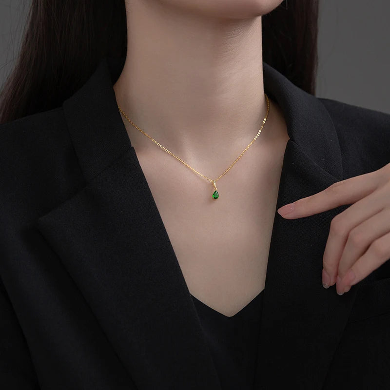 Simple Water Drop Green Zircon Clavicle Necklace