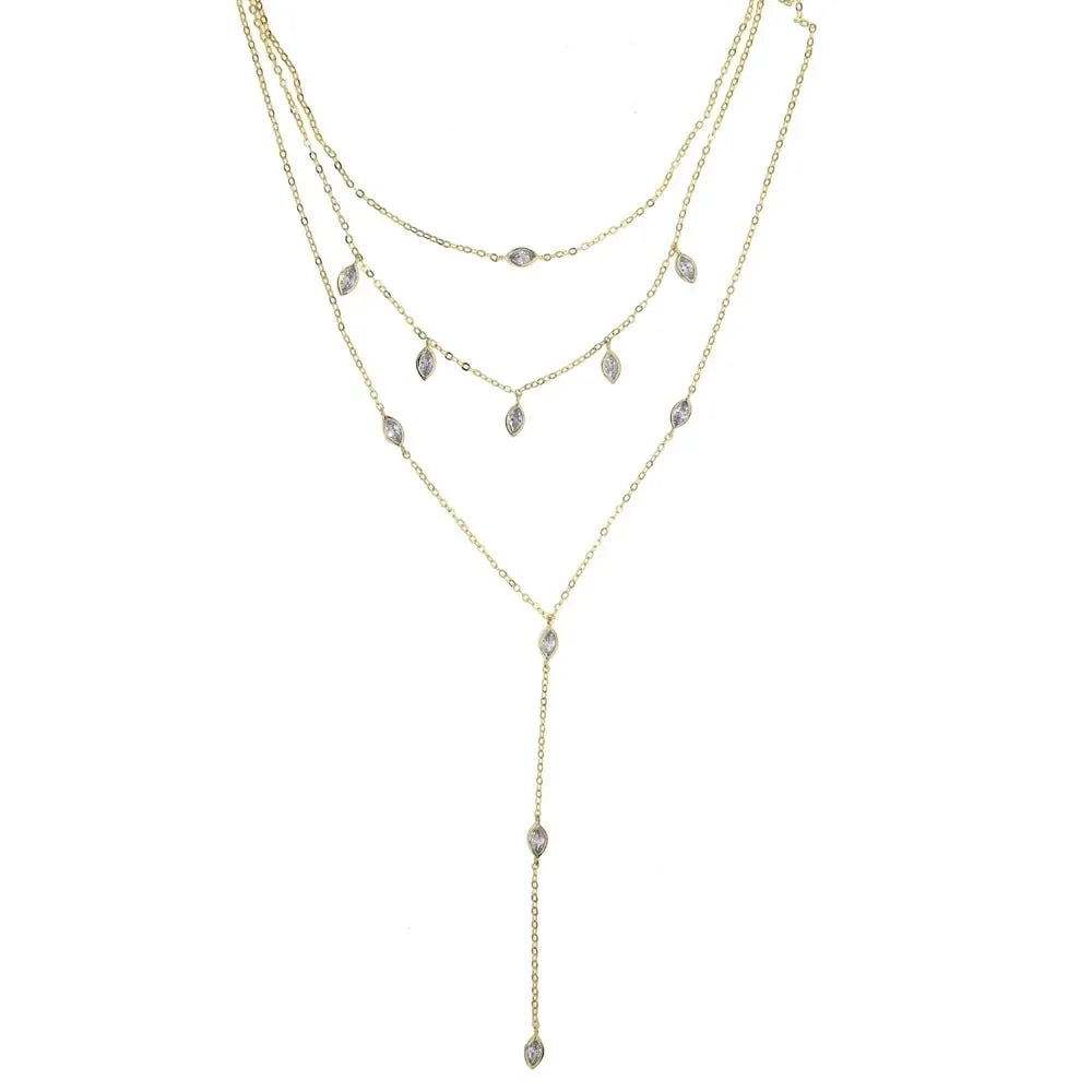 Three-layer necklace with zircon long chain inlaid with water drops