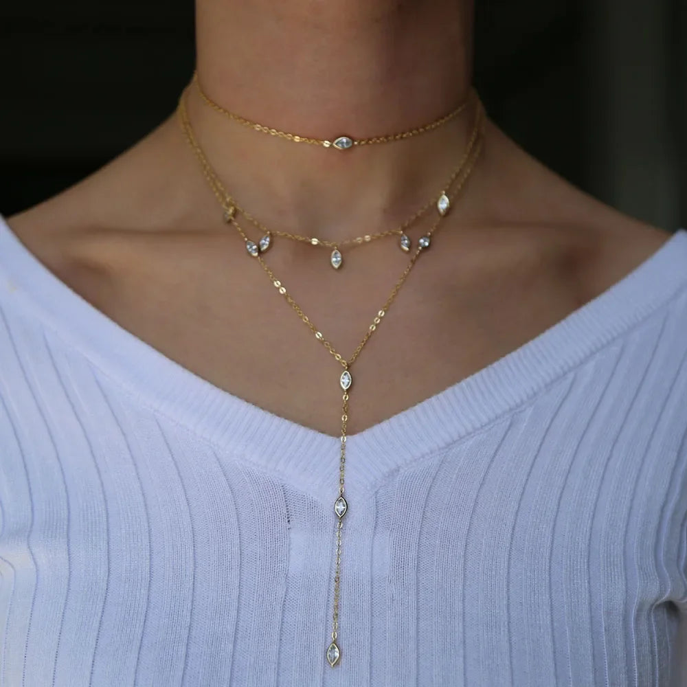 Three-layer necklace with zircon long chain inlaid with water drops