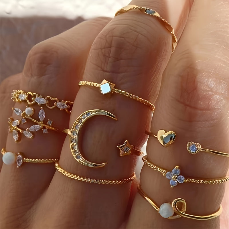 10pcs Sparkling Stacking Rings with Moon, Heart, and Flower Design