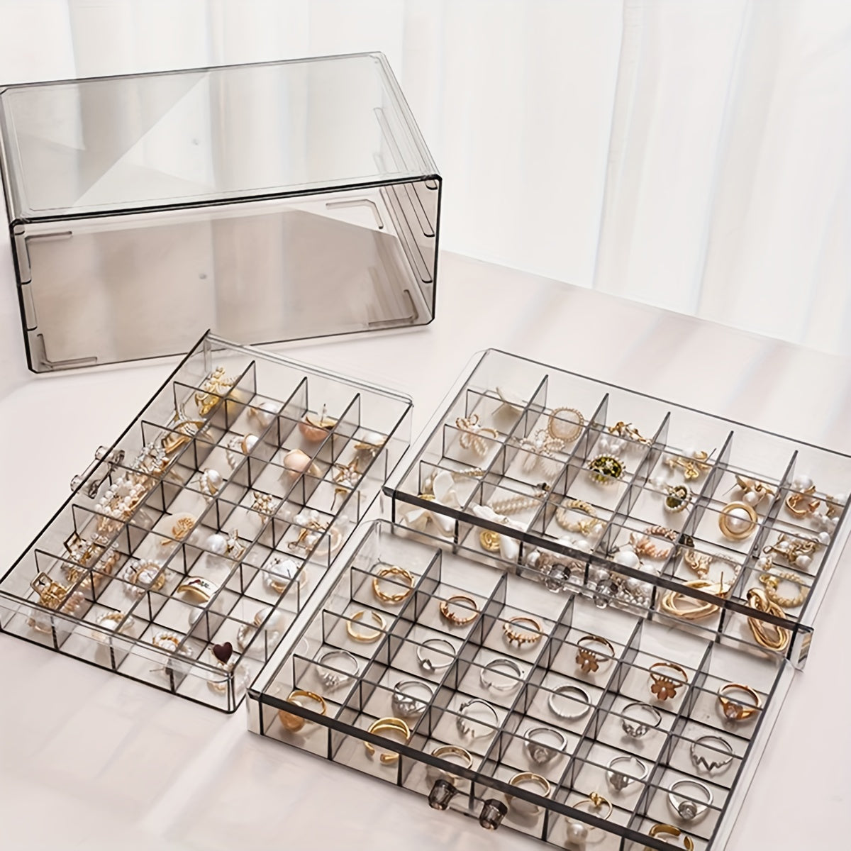 Large-Capacity 3-Layer 72-Grid Ring Earrings Necklace Jewelry Storage Box
