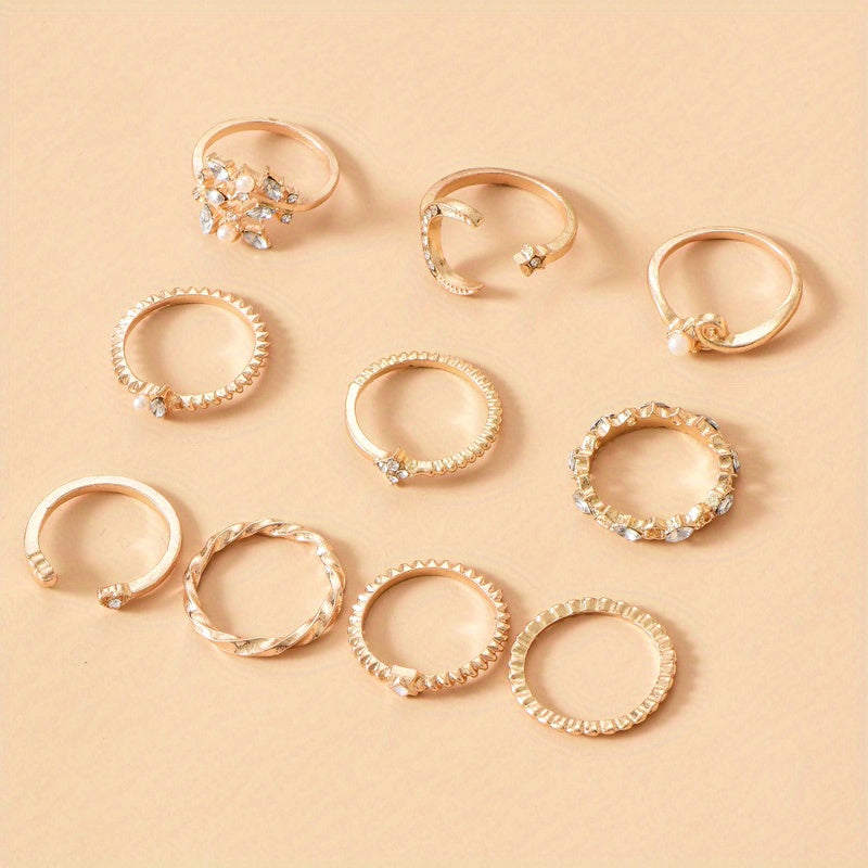 10pcs Sparkling Stacking Rings with Moon, Heart, and Flower Design