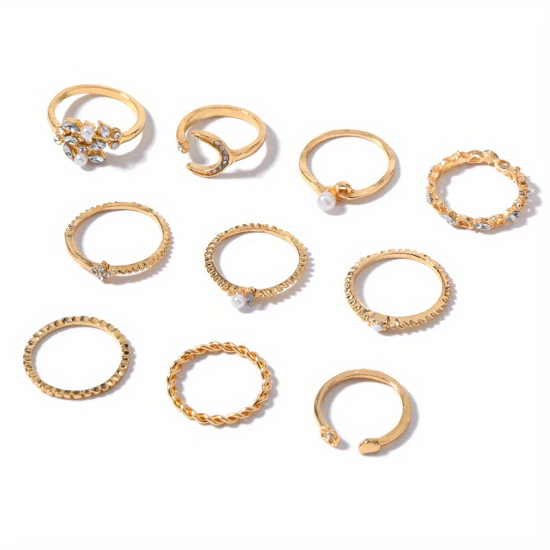 10pcs Sparkling Stacking Rings with Moon, Heart, and Flower Design