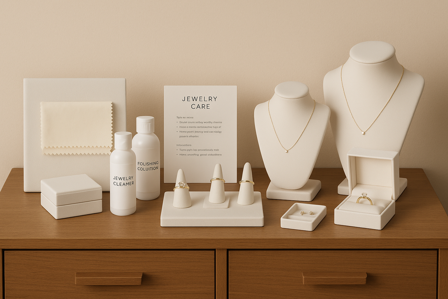 Light Storage Display Colors should be light nude walls brown unit with white displays/holders or other professional/minimal looking. Showing all of their jewelry cleaning, jewelry care, jewelry essentials.