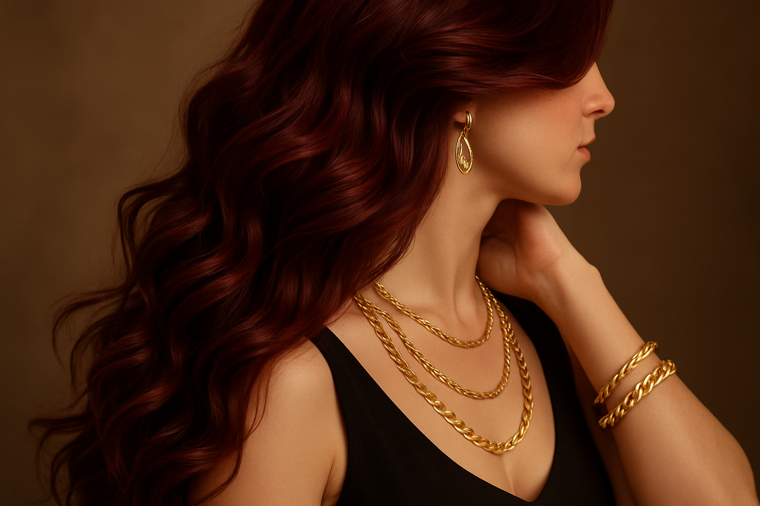 no face showing, long dark red hard wavy wearing gold accessories