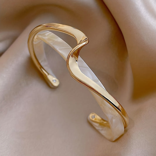 Wave Shape Cuff Bangle Inlaid Faux Pearl Minimalist Style Jewelry