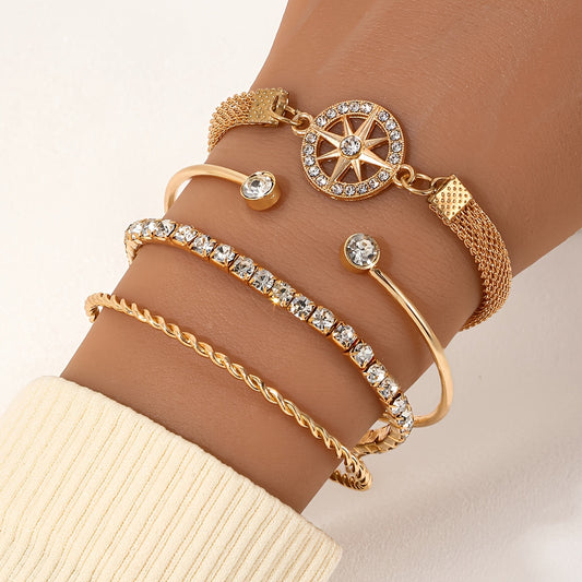 Elegant Gold-Plated Bracelet Set with Starburst Design and Crystal Accents