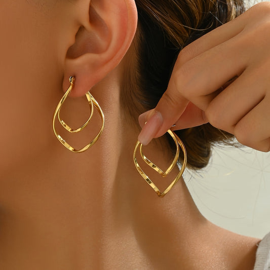 Luxury 18K Gold Plated Alloy Twisted Double Hoop Earrings