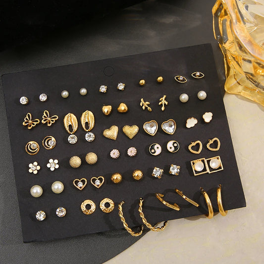 40Pcs/Set Gold Color Earring Set Including: Vintage Butterfly Heart Pearl Crystal Stud Earrings