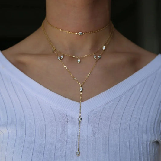 Three-layer necklace with zircon long chain inlaid with water drops