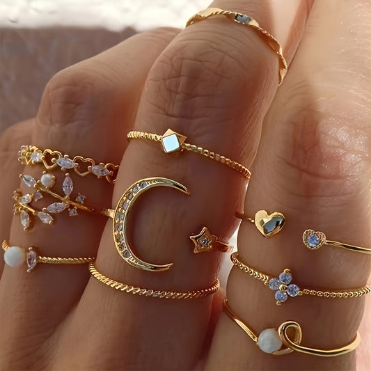 10pcs Sparkling Stacking Rings with Moon, Heart, and Flower Design