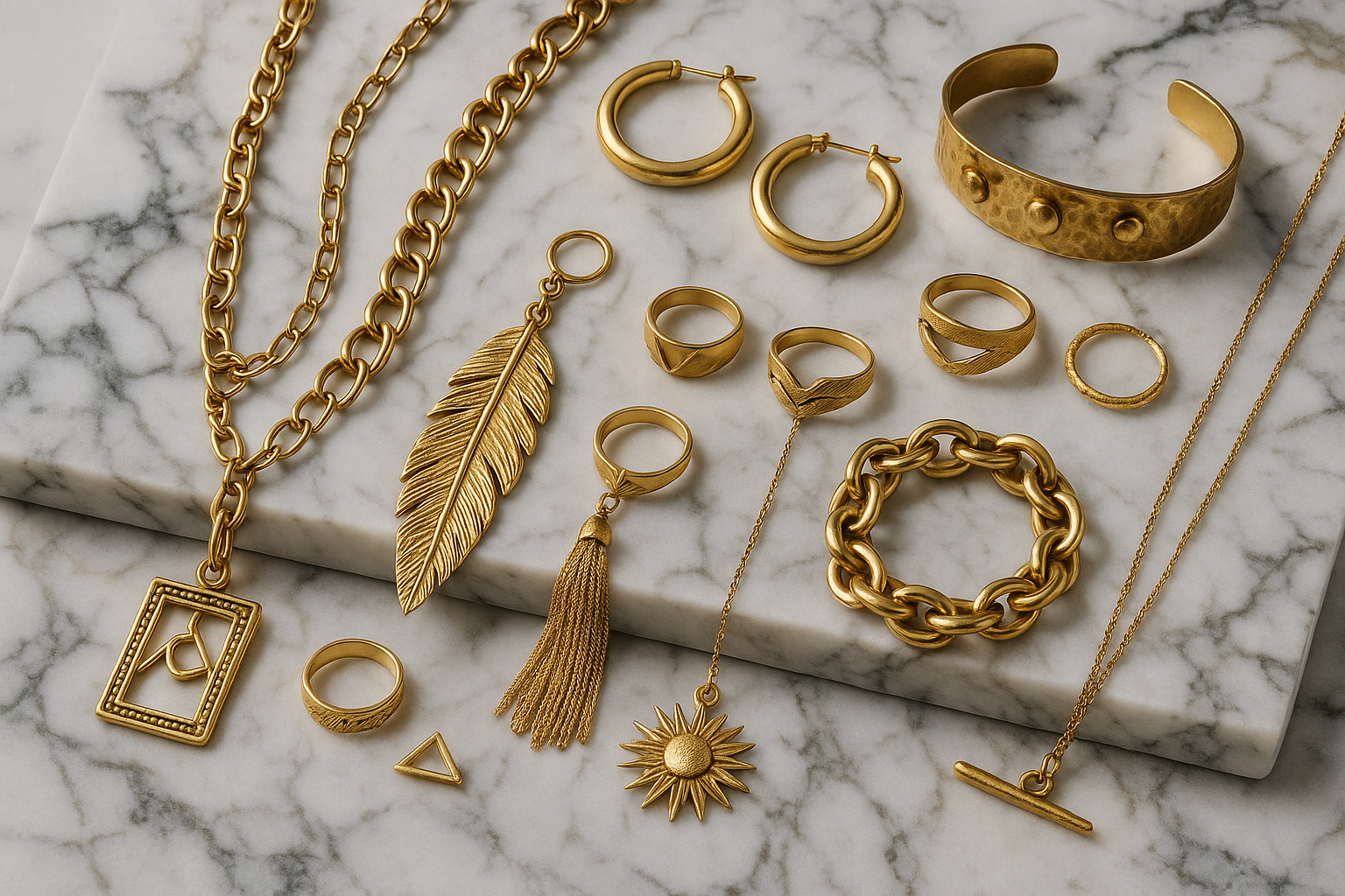 marble display of gold boho and street inspired jewelry 